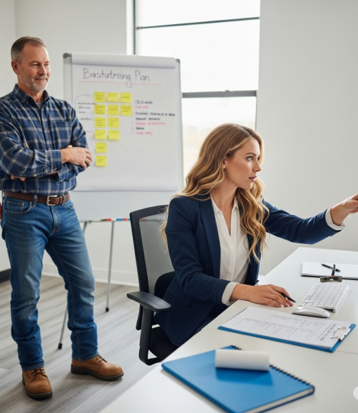 pointingatscreenconsult someone pointing at a screen being stood next to a construction worker